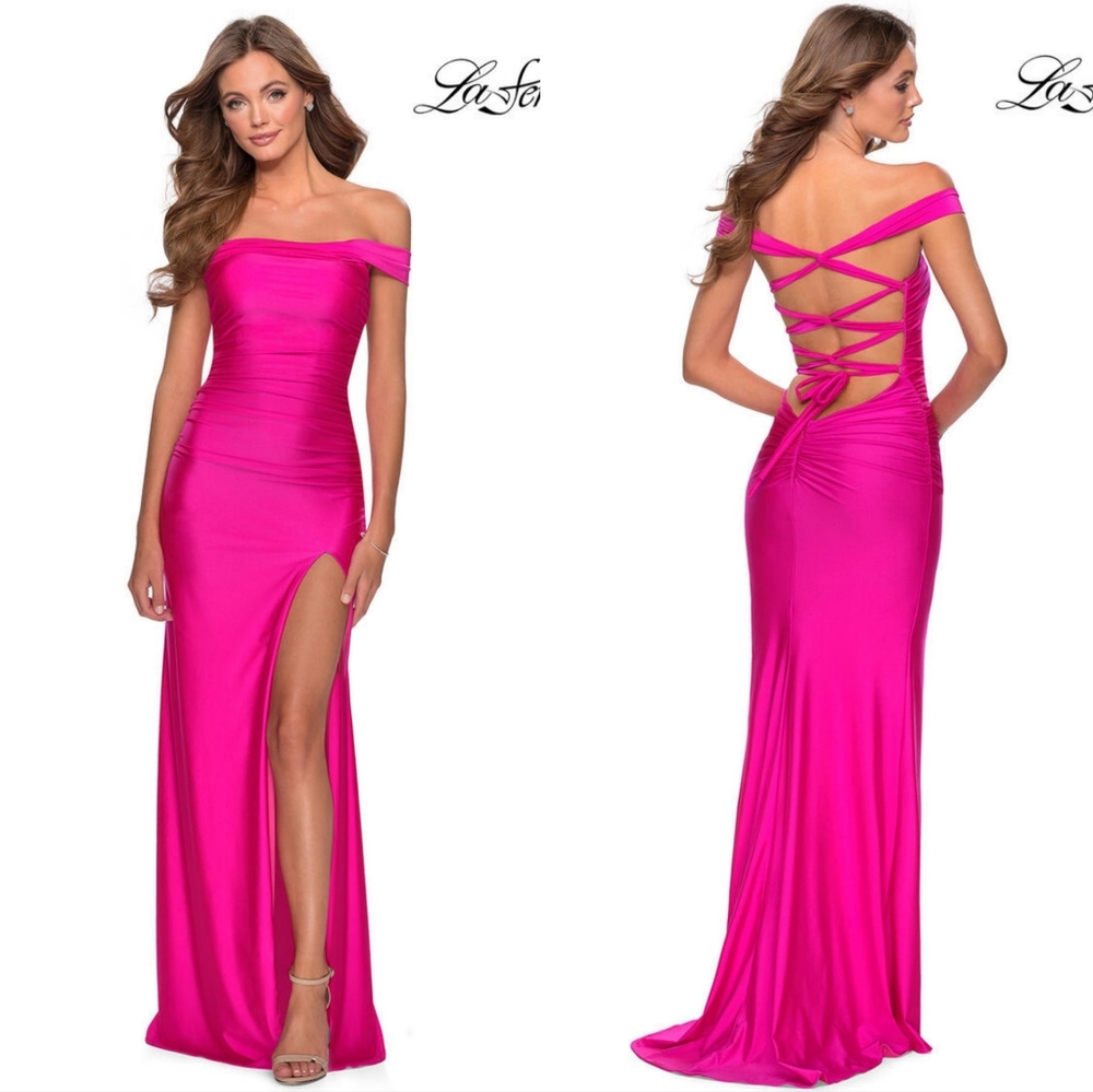 La Femme Dress Off the Shoulder Ruched Gown Long Dress Hot Pink 4 worn once